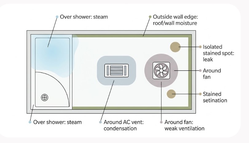 Diagram showing where bathroom ceiling paint peels and the likely cause of each area