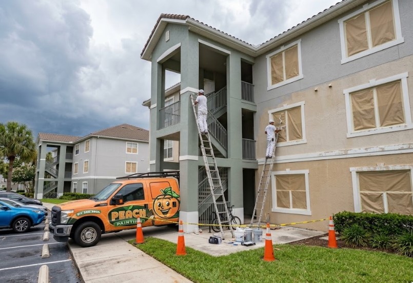 Peach Painting - Commercial vs Residential Painting in Tampa: Same Paint, New Rules Peach Painting crew on ladders painting an apartment building with masked windows and coned-off walkways
