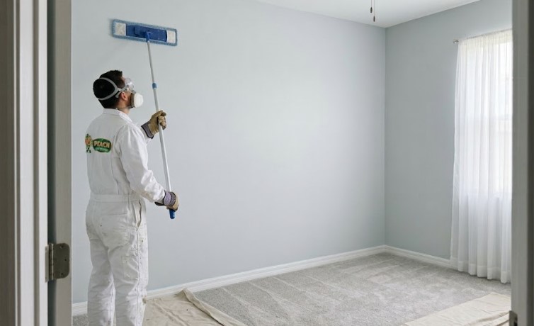 Painter dusting a bedroom wall with a microfiber pole,