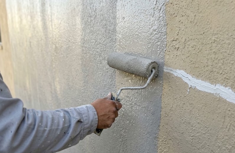 Peach Painting - Commercial vs Residential Painting in Tampa: Same Paint, New Rules Roller applying gray coating over patched stucco, with a filled crack visible on the unpainted section