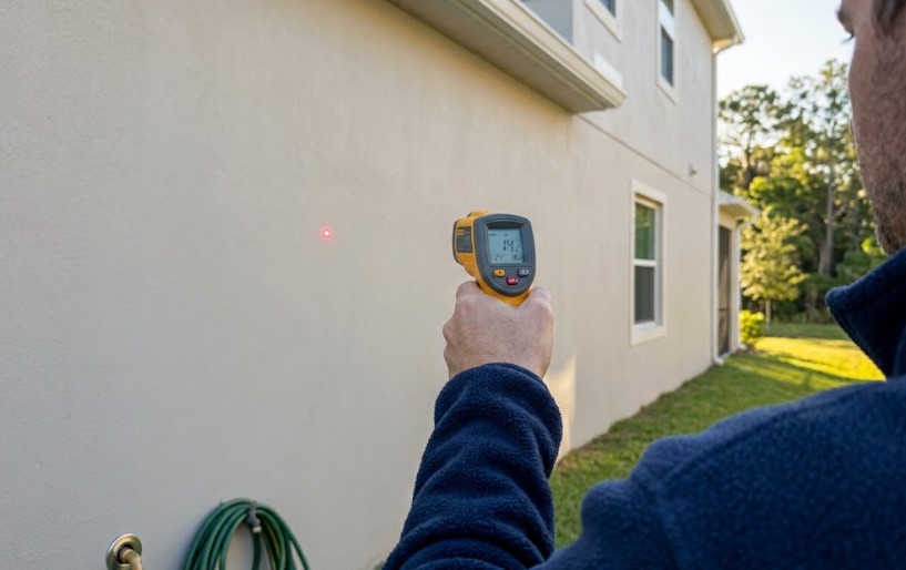 Infrared thermometer aimed at a beige stucco wall on a two-story house, with its red laser dot visible on the wall