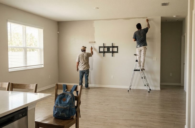 Peach Painting - How to Get Rid of Paint Smell Fast in Tampa: Move the Air Out Two painters working on a living room wall, one rolling paint and one cutting in along the ceiling from a stepladder, with a backpack on a kitchen chair in the foreground
