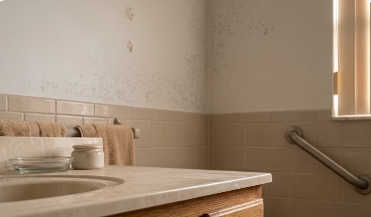 Mildew spots and peeling paint on bathroom walls in a home left closed up