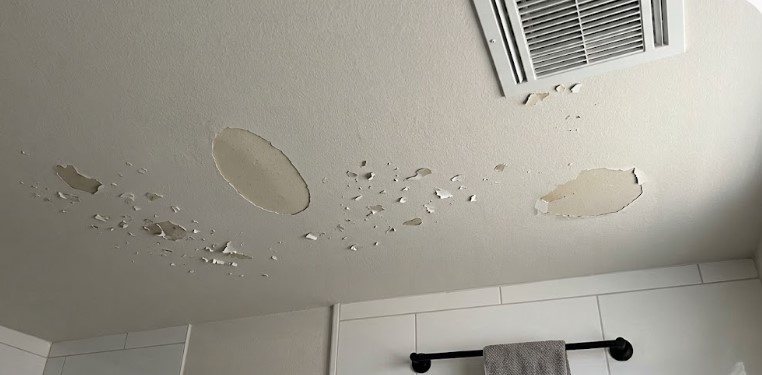 Paint peeling in patches across a bathroom ceiling near the supply vent in a Tampa home