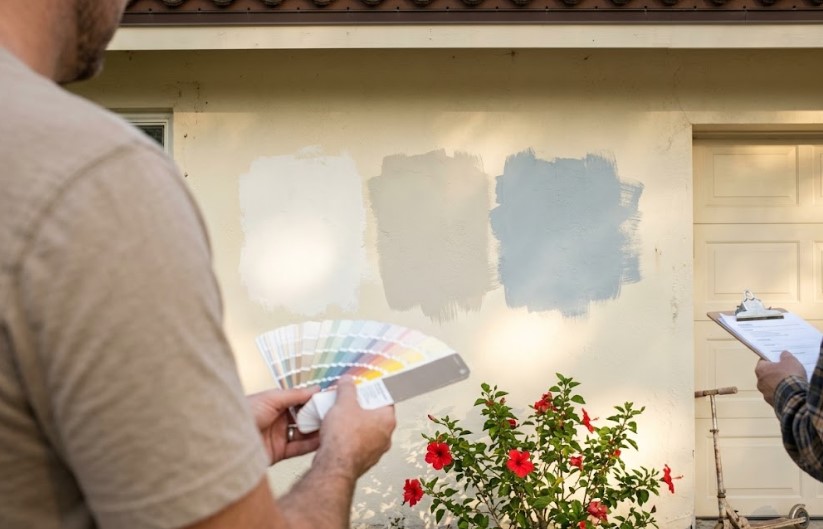 Peach Painting - Commercial vs Residential Painting in Tampa: Same Paint, New Rules Homeowner holding a color deck in front of three paint color samples on a stucco wall